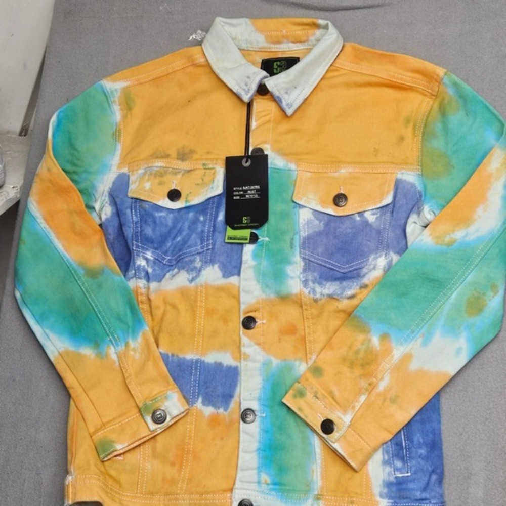 Sacred‎ Crown Tie Dye Denim Jacket Size M 10 12 Orange Blue Green Stretch